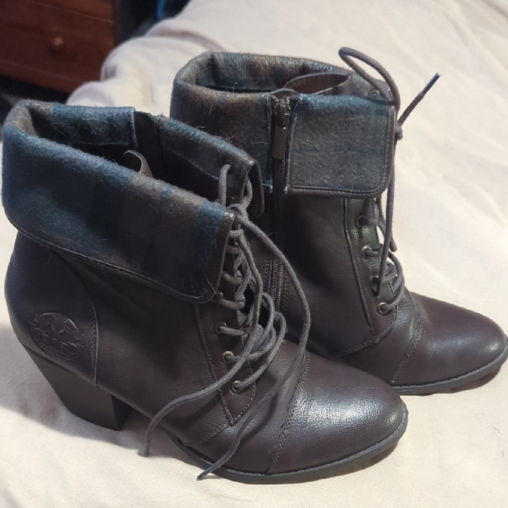 Torrid Dark Brown And Plaid Lace Up Boots